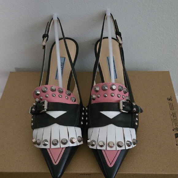 Prada Studded Pink and Black Slingback Heels - Picture 1 of 5